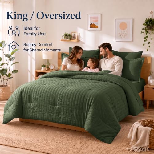 CozyLux California King Comforter Set, Olive Green Seersucker Bed in a Bag