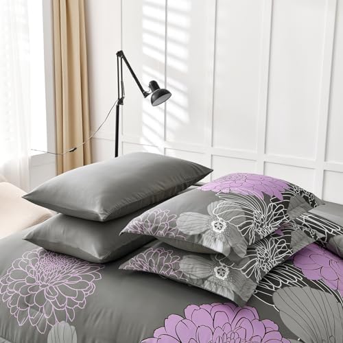 Yiran Full Comforter Set -7 Pieces Purple Grey Floral Comforter Set for All Seasons,Bed in a Bag Full Flowers Comforter with Flat Sheet Fitted Sheet Pillowshams Pillowcases