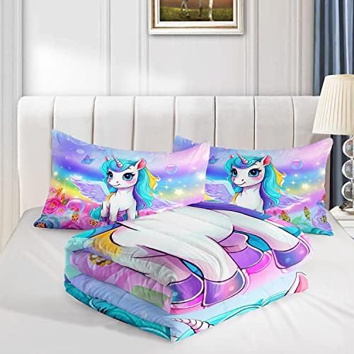 Kid Unicorn Comforter Set Full Size 3Pcs Butterfly Rainbow Flower Star Pattern Quilt Bedding Set for Boys Girls with 1 Comforter and 2 Pillowcases