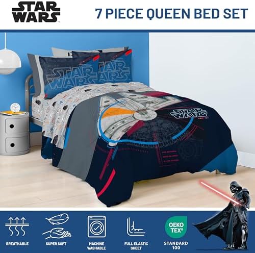 Star Wars Queen Comforter Set 7 Piece Soft Bedding for Boys, Dark Blue