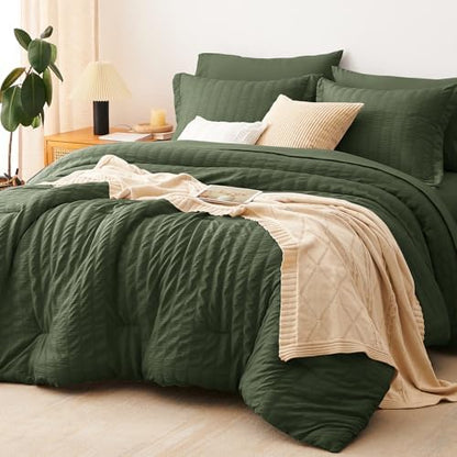 CozyLux Queen Comforter Set, 7 Pieces Olive Green Seersucker Bed in a Bag