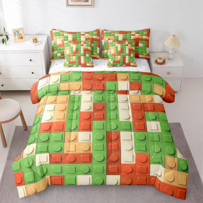 Feelyou Building Block Print 7 Piece Bedding Set King Size Kids Brick Styles Comforter Set with Sheets for Boys Teens Colorful Gaming Bed in a Bag Green Red Yellow Room Decor