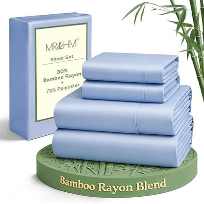 MR&HM Twin XL Sheets 3 Pieces, Rayon Derived from Bamboo Blend, Light Blue