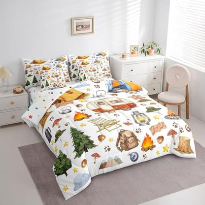 Erosebridal Kids Camping Full Comforter Set with Sheets 7 Piece Camper Bedding for Bunks,Rv Bed in A Bag Accessories for Travel Trailers,Campfire Pine Tree Bear Paws Woodland Adventure Bed Set