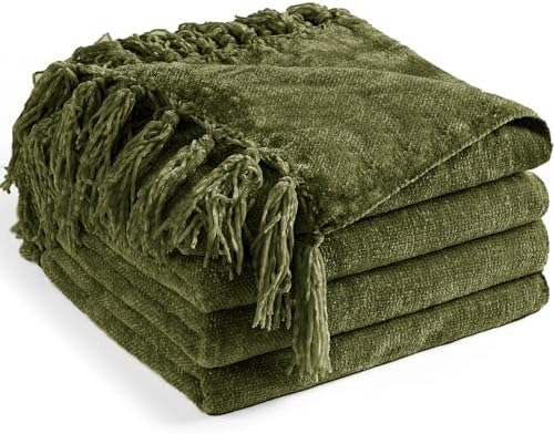 Chenille Throw Blanket for Couch 60" x 80" Twin, Olive Green