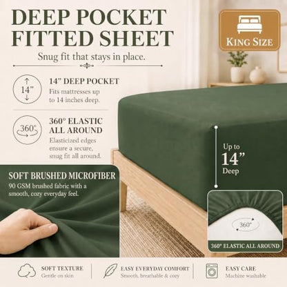 CozyLux King Size Comforter Set Olive Green- 7 Pieces Bed in a Bag
