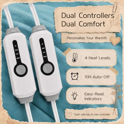 ReyyNio Electric Heated Blanket Queen Size 84"x90", Dual Controllers, Teal
