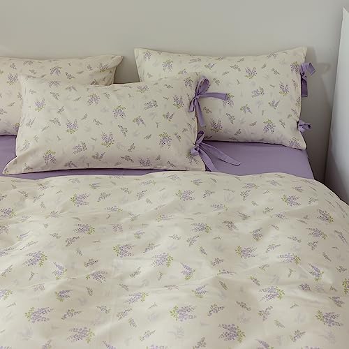 VM VOUGEMARKET Purple Flower Duvet Cover Set Full 3 Pieces Cream Duvet Cover with Bow Ties,Cottagecore Bedding Set 100% Cotton Vintage Country Comforter Cover for Teens Girls Without Filling-80 x90