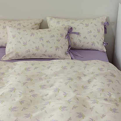 VM VOUGEMARKET Purple Flower Duvet Cover Set Full 3 Pieces Cream Duvet Cover with Bow Ties,Cottagecore Bedding Set 100% Cotton Vintage Country Comforter Cover for Teens Girls Without Filling-80 x90