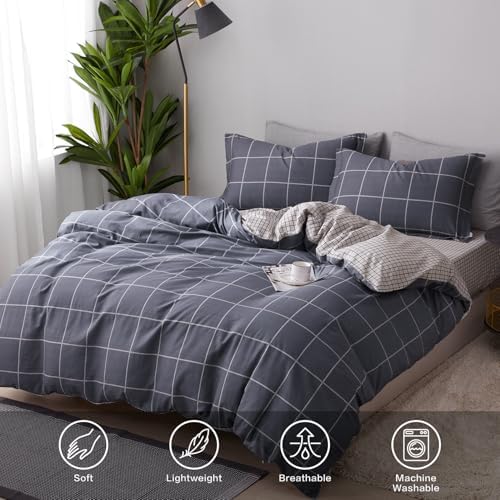 SAPHREAS Gray Plaid Geometric Duvet Cover Set King Size 3pcs Dark Grey Grid Cotton Bedding Comforter Cover Set 1 Duvet Cover 2 Pillow Shams