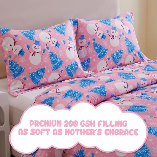 Yibeizi Pink Christmas Comforter Set Twin Kids Cute Snowman Xmas Bedding