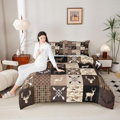 Feelyou Camo Deer Antlers Comforter Set King Size Animal Arrow Silhouette Bedding Set for Kids Boys Rustic Cabin Duvet Quilt Lattice Bedroom Decor Microfiber 3 Pcs with 2 Pillow Cases