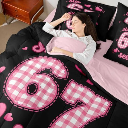 Erosebridal Pink Plaid 67 Girls King Bedding Set 7 Piece Cute Kawaii Princess Bed in A Bag with Sheets Romantic Coquette Comforter Set for Kids Teen Women,Girly Fashion Number Print Bed Set