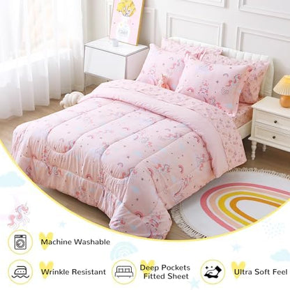Viviland Kids Full Bedding Sets, Girls Comforter, Pink Unicorn