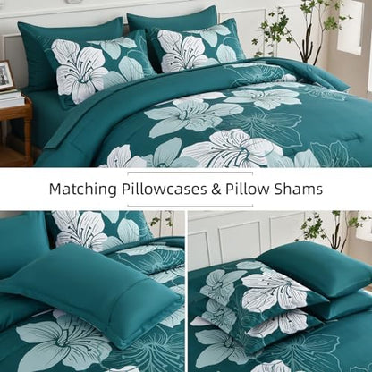Luxudecor Teal Comforter Set Queen, 7 Pieces Floral Bed in a Bag
