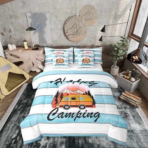 Erosebridal Happy Camping Comforter Set Queen Size,Cartoon RV Bedding Set for Kids Teens,Blue Wooden Plank (Comforter+Fitted+Flat Sheet+2 Pillowcases+2 Throw Pillow Covers) 7 Pieces Bed Set