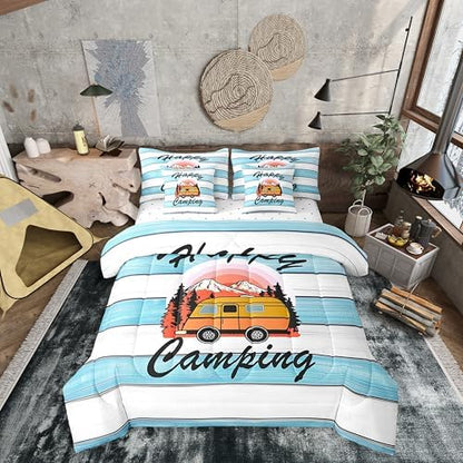 Erosebridal Happy Camping Comforter Set Queen Size,Cartoon RV Bedding Set for Kids Teens,Blue Wooden Plank (Comforter+Fitted+Flat Sheet+2 Pillowcases+2 Throw Pillow Covers) 7 Pieces Bed Set