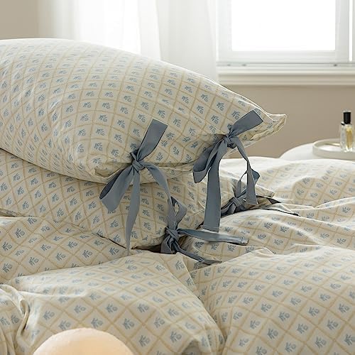 mixinni Blue Floral Duvet Cover Set King - 3 Piece Cottagecore Bedding Set with Bow Ties & Zipper Closure, 100% Cotton Soft Aesthetic Comforter Cover for Girls, Lightweight Breathable Country Style
