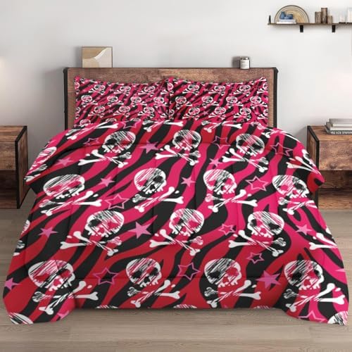 Pamnest Comforter Set Full Size, Zebra Skull Rock Soft 3 Pcs Bedding for Kids and Adults, Animal Roll Pink Comforter Set with 2 Pillowcases, for Bedroom Bed Decor