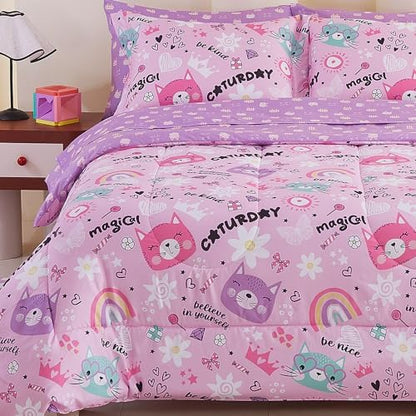 Viviland Kids Twin Bedding Sets, Girls Comforter, Pink Cat