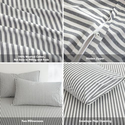 FOSSA Striped Duvet Cover Set 100% Washed Cotton Linen Feel Super Queen