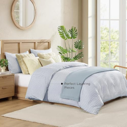 Andency Gingham Duvet Cover Full Size, Misty Blue Checkered Plaid Bedding Set, 3 Pieces Soft Prewashed Microfiber Comforter Cover with Zipper Closure & Corner Ties