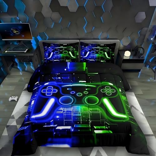 Erosebridal Gaming Comforter Set Gamer Girl Toddler Bedding Set, Neon Lights Video Game Consoles Comforter Blue Green Brick Cube Quilt,Video Game Decor