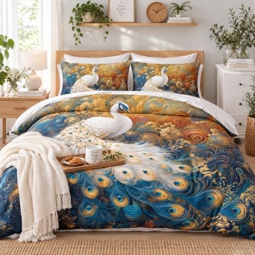 CCoutueChen Peacock Bedding Set King Size, Dark Blue and Golden Comforter Sets for Women Luxury Feather Bedroom Decor, 3 Pcs 2 Pillowcases, 104"x90"