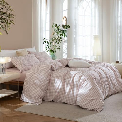 JIYUAN Oversized King Washed Cotton Duvet Cover Set,Classic Gingham