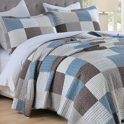 Y-PLWOMEN 100% Cotton King Size Quilt Farmhouse Plaid 3-Pieces Bedding