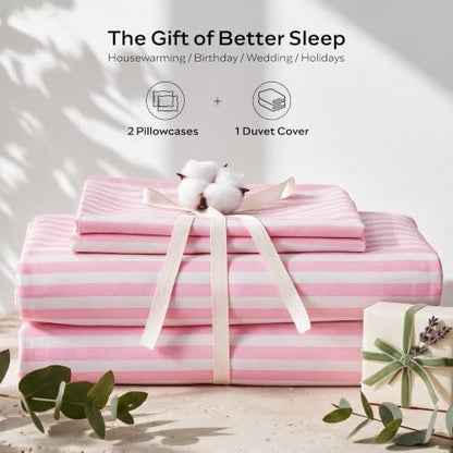 JELLYMONI 100% Cotton Printed Striped Cal King Duvet Cover Set, Pink