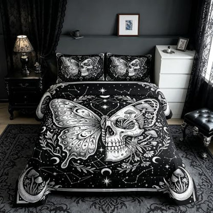 Butterfly Skull Bedding Set King,White Wild Mushroom Plant Skeleton Comforter Set with 2 Pillowcases,Floral Starry Moon Bed Quilt,Gothic Aesthetic Quilt Sets Home Decor,Women Men Birthday Gift
