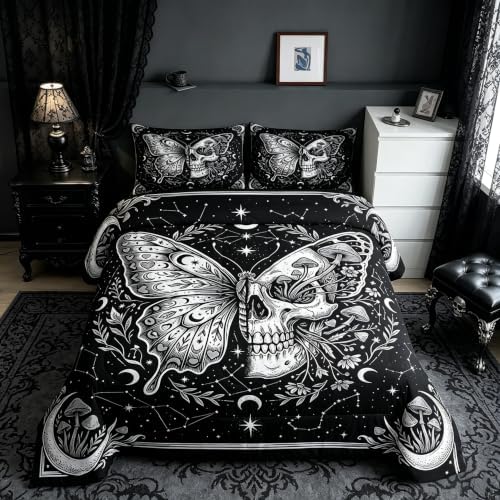 Butterfly Skull Full Size Comforter Set,White Mushroom Skeleton Bedding Comforters Bedroom Collection,Floral Starry Moon Duvet Insert,Gothic Aesthetic Room Decor 3 Pcs Bedding Set for Girls Teens