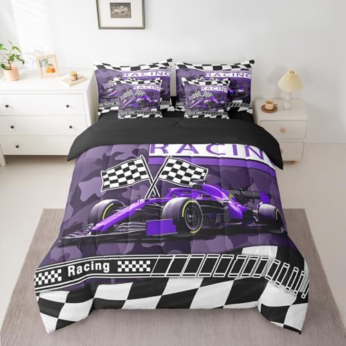 Camouflage Racing Comforter Set 7 Pieces,Boys Men Racing Car Gamer Bed Set,Purple Race Car Bedding Bed in a Bag Soft,Queen (1 Comforter,2 Pillowcase,2 Pillow Covers,1 Flat Sheet,1 Fitted Sheet)