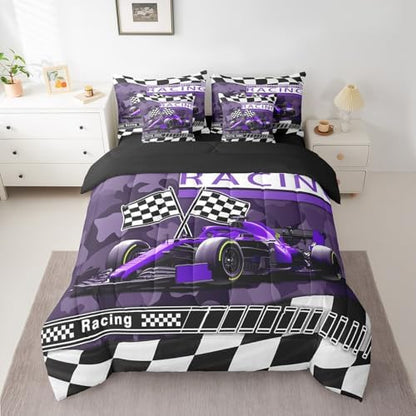 Camouflage Racing Comforter Set 7 Pieces,Boys Men Racing Car Gamer Bed Set,Purple Race Car Bedding Bed in a Bag Soft,Queen (1 Comforter,2 Pillowcase,2 Pillow Covers,1 Flat Sheet,1 Fitted Sheet)