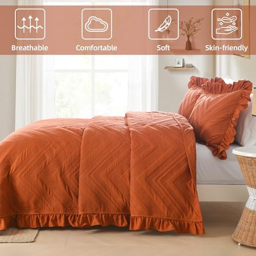 DJY Fall King Quilt Bedding Set, Burnt Orange Ruffled Bedspread Coverlet