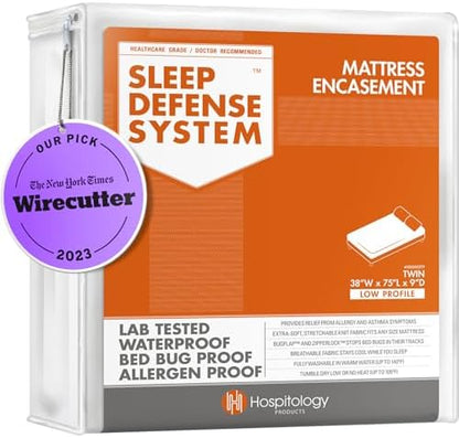 HOSPITOLOGY PRODUCTS Zippered Mattress Encasement - Sleep Defense System - Twin - Waterproof - Stretchable - Low Profile 9" Depth - 38" W x 75" L