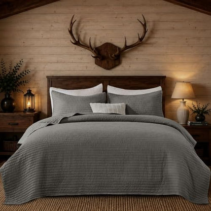 DOWN HOME King Quilt Bedding Set with Shams, Vintage Washed Soft Quilted Blanket Thin Comforter Lightweight Bedspread Coverlet Bed Cover, Brushed Microfiber Stripe Stitching, Ash Gray, 104"x90"