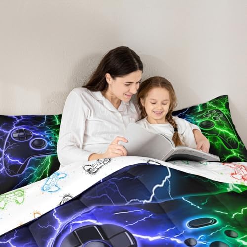 Gamer Comforter Set Gaming Full Size Bedding Sets, Game Boy Games Comforter Blue Green Lightning Bed Set,Kids Room Decor