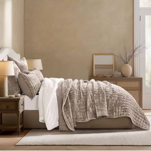 RECYCO Channel Box Stitch Velvet Quilt Set, Twin/Twin XL Size, Natural Tan