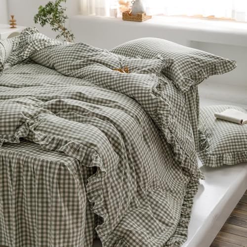 mixinni Green Gingham Ruffle Duvet Cover Twin XL Size 3 Pieces – 100% Washed Cotton, Vintage Plaid Ruffled Bedding Set with Zipper Ties, Soft Checkered Grid Farmhouse Chic Comforter Cover Set