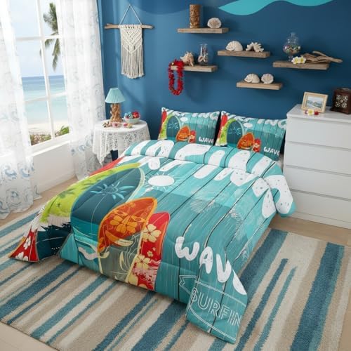 Surfboard Surf Comforter Set Queen,Blue Rustic Farmhouse Wooden Board Duvet Insert Sun Flowers Palm Tree Silhouette Bedding Set for Kids Teens Adults,Hawaiian Ocean Style Quilted Duvet,2 Pillowcases