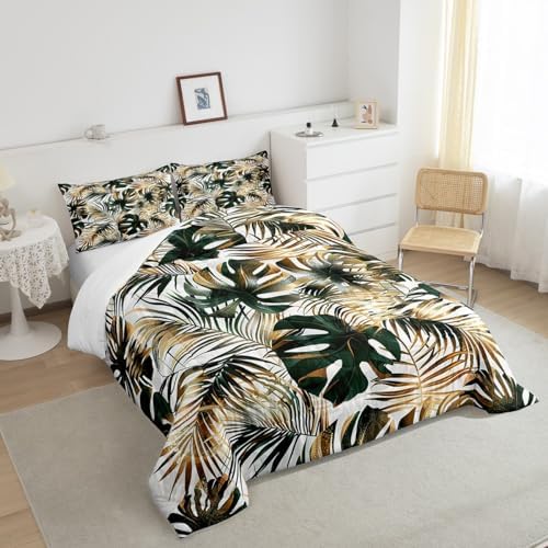 Gold Palm Tree Leaf Comforter Set Queen Tropical Botanical Bedding Set Watercolor Retro Plant Down Comforter For Kids Teens Men Women Jungle Nature Theme Quilt Duvet Set Dark Green 2 Pillow Cases