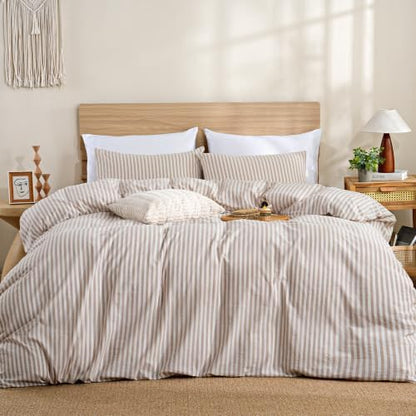 TOCOMOA Brown Striped Duvet Cover Set 100% Washed Cotton Like Linen, Queen