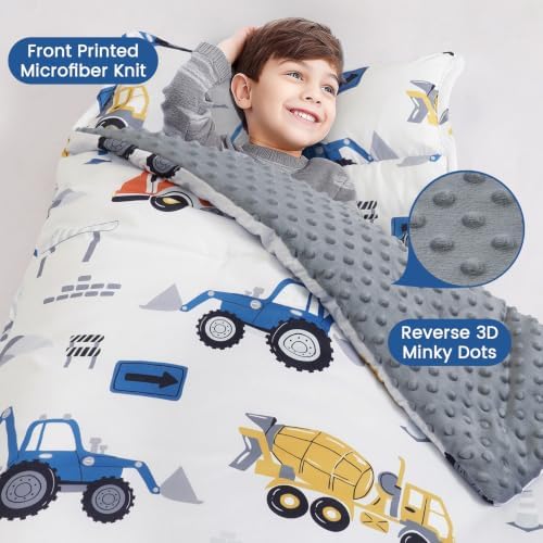 PHF Toddler Nap Mat with Removable Pillow and Minky Blanket, Rollup Design Kids Sleeping Mat, Slumber Bags for Boys, 55"x23" Toddler Sleeping Bag for Daycare Preschool Travel Camping, Truck and Digger