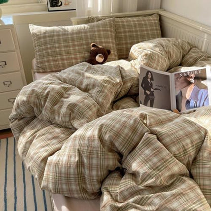 mixinni King Duvet Cover Set - 3 Piece Washed Cotton Vintage Geometric Plaid Bedding Set with Zipper Closure, Soft & Breathable Green Pink White Buffalo Check Pattern for All Seasons