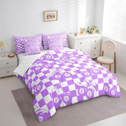 Lucky 8 Ball 7 Piece Bedding Set Twin Purple Fashion Y2K Comforter Set For Kids Boys Girls Coquette Bow Bed In A Bag With Sheets Violet White Checkered Plaid Bed Set Trendy Aesthetic Preppy Room Decor