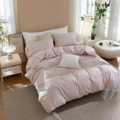 JIYUAN Queen Washed Cotton Duvet Cover Set, 3-Piece,Classic Gingham