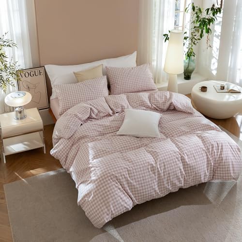 JIYUAN California King Washed Cotton Duvet Cover Set,Classic Gingham