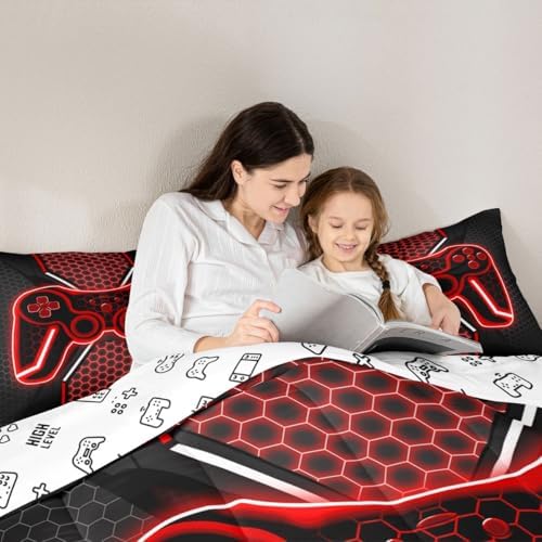 Feelyou Red and Black Bedding Set Queen Size Gamer Comforter Set for Kids Game Controller Comforter Teens Honeycomb Duvet Set